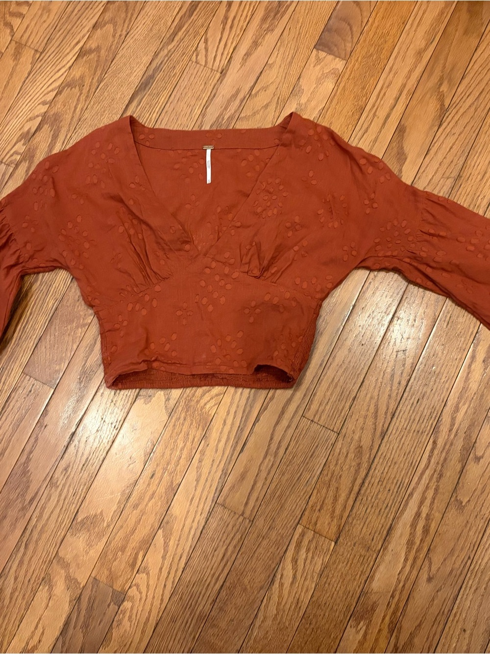 Free People Rust Crop V-Neck Textured Long Sleeve Top XS